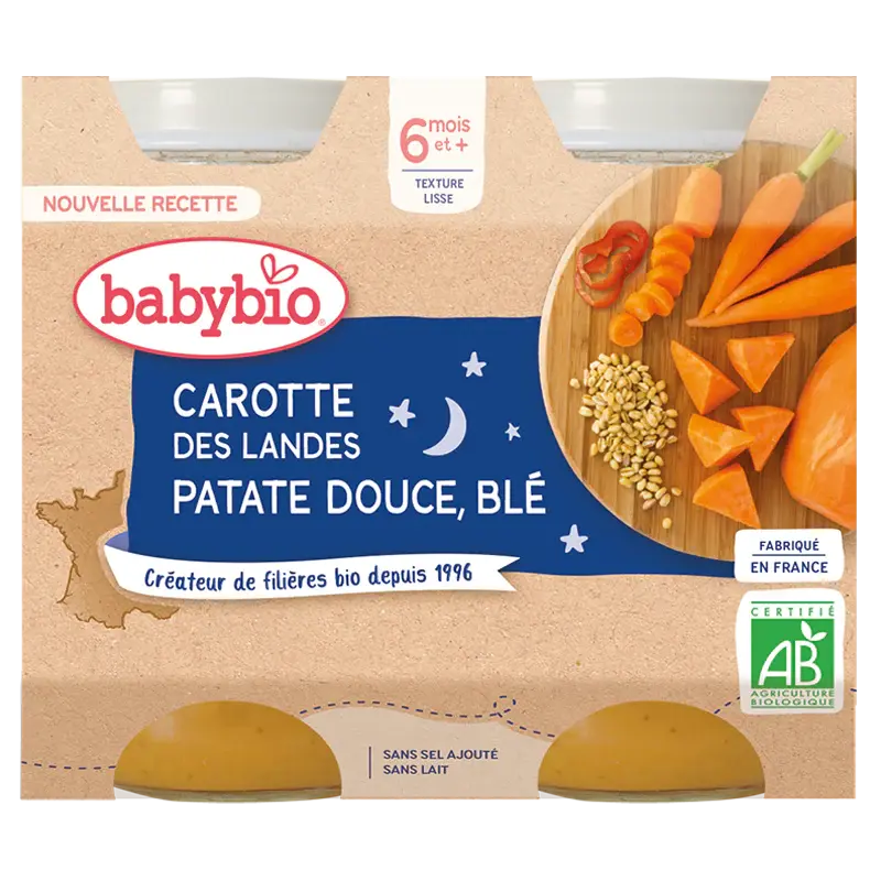Babybio Dinner Jars - 6 + months - Carrot, Sweet Potato, Wheat - ORGANIC 2X200G
