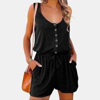 PrettyGarden  2024 Summer Outfit Women's Scoop Neck Casual Jumpsuit Button Down Sleeveless  Rompers With Pockets Tank Top