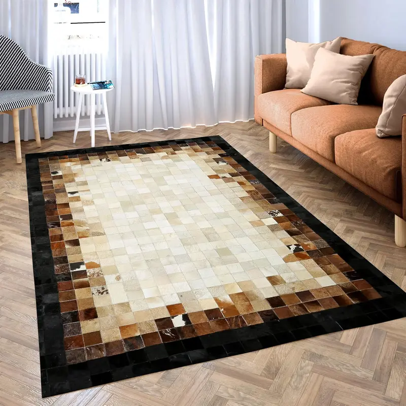 Brown Border Beige Checkered Cowhide Patchwork Rug