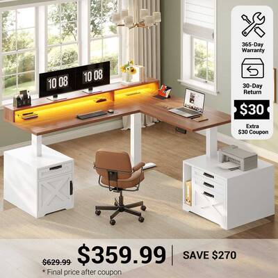 SEDETA 70.1 Inch Farmhouse L Shaped Standing Desk Electric Height Adjustable Executive Desk with Drawers Power Outlet Printer...