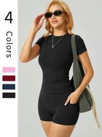 Women's Sportswear Set, High Stretch Sporty Comfortable Breathable Quick Drying Short Sleeve Round Neck T-shirt & Side Pocket...