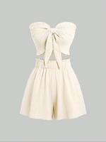 Two-Piece Set Women's Solid Color Crop Tube Top & Elastic Waist Shorts Set, Casual Fashion Cozy Outfits for Daily Outdoor Wea...