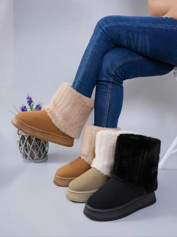 Women's Fashionable Warm Fluffy Snow Boots, Casual Comfortable Ankle Boots for Fall & Winter, Female All-match Round Toe Shoe...