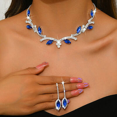 Leaf Brass Rhinestone Stud Dangle Earrings & Pendant Necklaces Set for Women