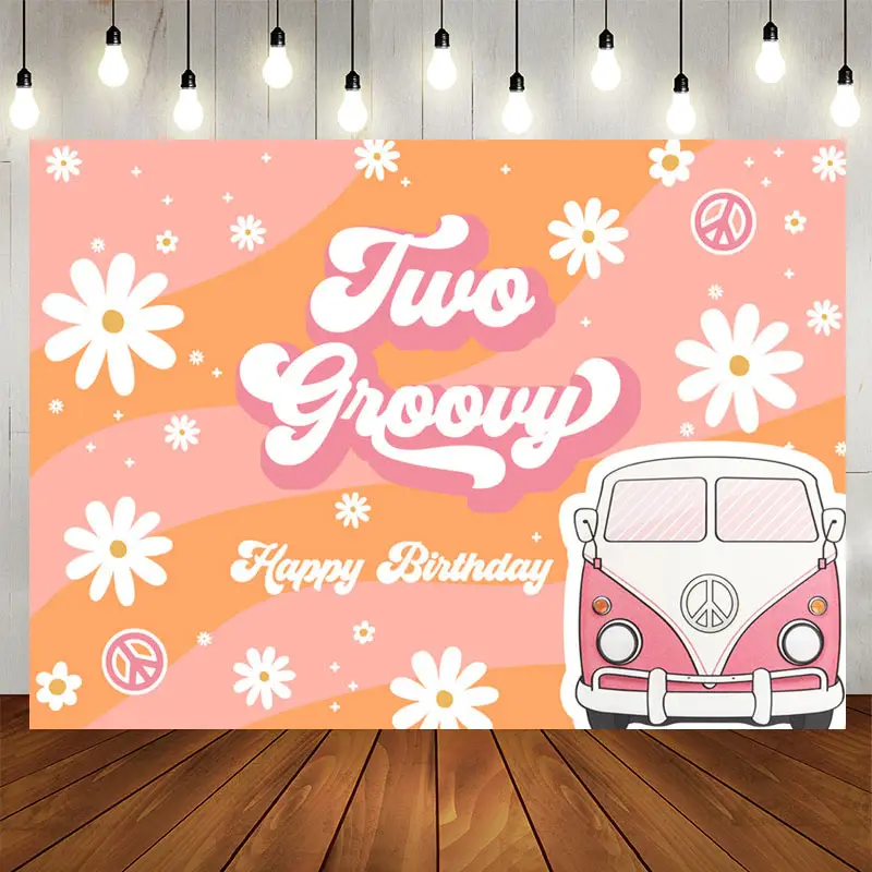 Aperturee Two Groovy Daisy Van Girls Happy Birthday Backdrop