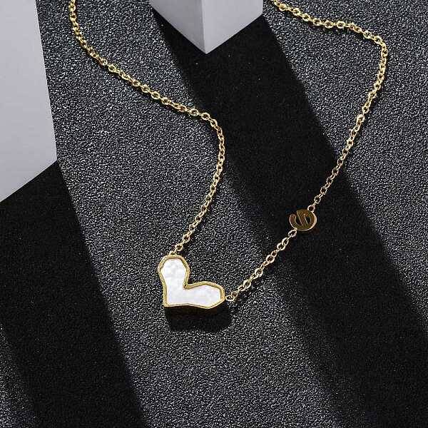 304 Stainless Steel Pave Natural White Shell Heart Pendant Necklaces for Women