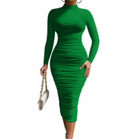 OYS Women's Cocktail Bodycon Long Sleeve Mock Neck Mesh Ruched Midi Party Dress Formal Womenswear