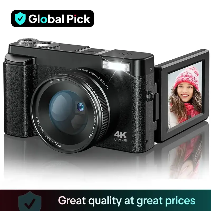 Global Pick 4K Digital Camera, 48MP Video Recording Camera with 16X Digital Zoom & Flash, Compact Camera with 3.0 Inch Flip S...