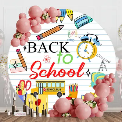 White Stripe Stationery Round Back To School Backdrop