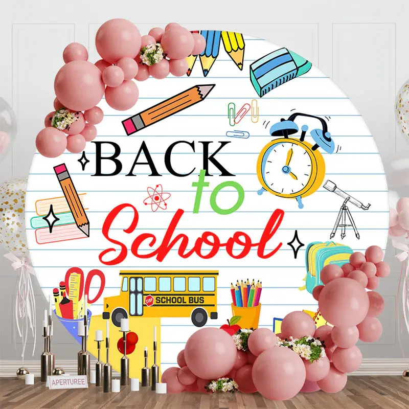 White Stripe Stationery Round Back To School Backdrop