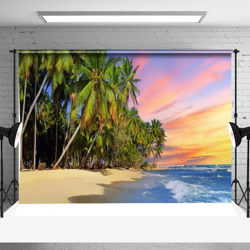 Tropical Coconut Trees Beach Sunset Summer Backdrop - Aperturee
