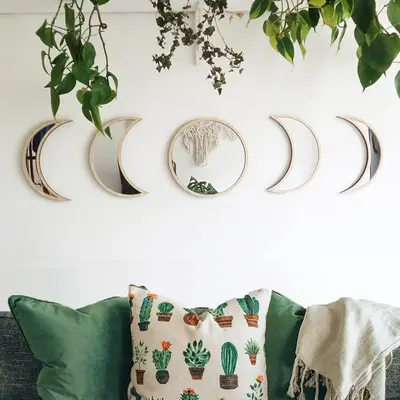 Home Decor Products Moon Cycle Design Wall Mirror Ornaments, 5 Counts Wooden Wall Art Hanging Decor for Home Living Room Bed...