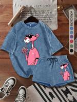 Two-Piece Set Women's Panther Print Tee & Shorts, Casual Short Sleeve T-Shirt & Shorts, Ladies Two-Piece Outfits for Daily We...