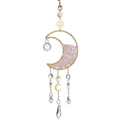 Wire Wrapped Natural Rose Quartz Chip & Brass Moon Pendant Decorations
