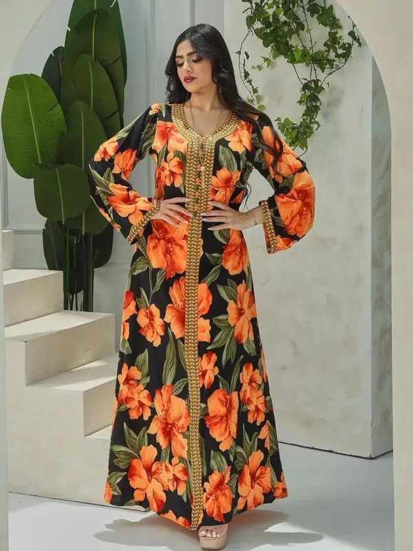 Arabic Clothing-Floral Print Contrast Binding Dress, Modest Flounce Sleeve V Neck Arabian Dress for Daily Outdoor Wear, Wome...