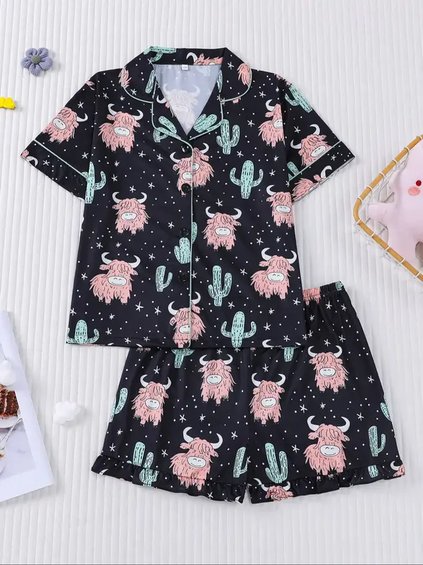 Children's pajamas 2 sets of cute little yak printed children's pajamas for girls and boys, new for summer 202, flame retarda...