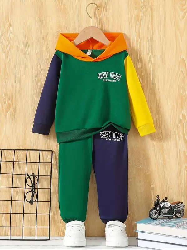 Two-Piece Set Toddler Boy's Letter Print Hoodie & Patchwork Sweatpants, Casual Long Sleeve Hooded Sweatshirt & Jogger Pants f...