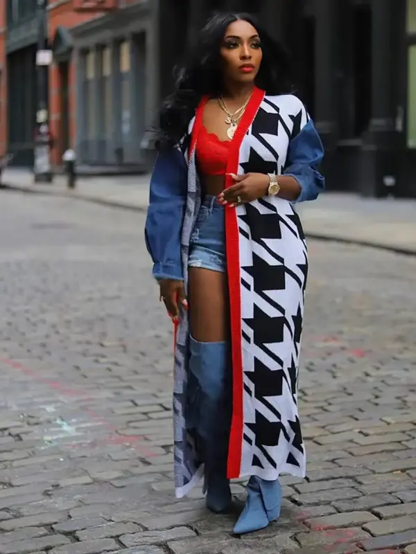 Women's Houndstooth Patchwork Print Drop Shoulder Longline Cardigan, Casual Long Sleeve Open Front Knitwear for Fall & Winte...