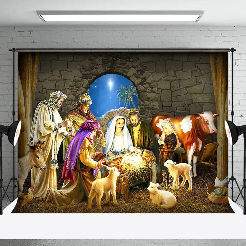 Blue Starry Holy Night Nativity Christmas Backdrop - Aperturee