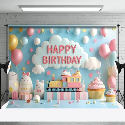 Aperturee Blue Wall Balloons Train Fairy Cake Smash Backdrop, 3X2FT(1MX0.6M), 14 USD, birthday cake smash backdrops, NYHD1J33...