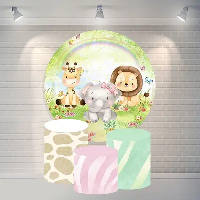 Aperturee Circle Rainbow And Animals Happy Birthday Backdrop | Custom Round Birthday Backdrop | Round Party Backdrop | Circle...