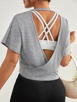 Women's Plain Backless Sports Tee, Casual Comfy Cut Out Batwing Sleeve Round Neck Sports T-shirt for Summer 2025, Compression...