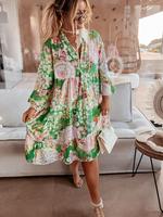 Women's Floral Print Button Front Dress, Boho 3/4 Sleeve Short Dress for Summer, Ladies Clothes for Beach Holiday Vacation, D...