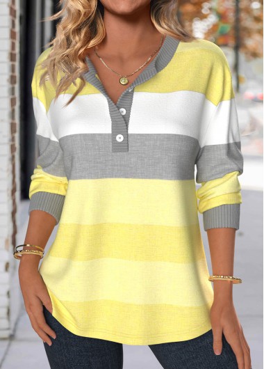 Modlily Light Yellow Patchwork Striped Long Sleeve Split Neck Sweatshirt - L