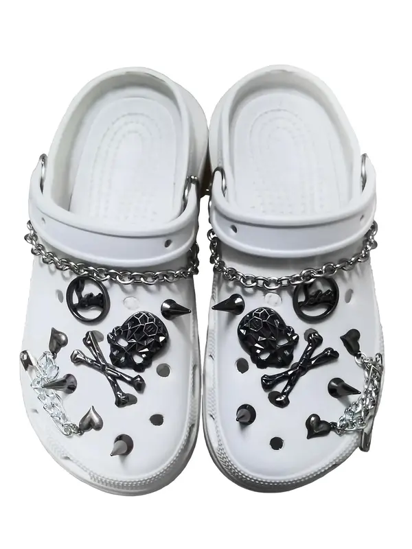 Punk Rivet Charms for Clogs, 1 Package Shoes Decorations with Metal Spikes Chains and Skull Set, Fashionable Shoes Accessorie...
