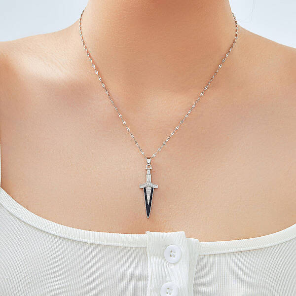 Brass Clear Cubic Zirconia Sword Pendant Necklaces