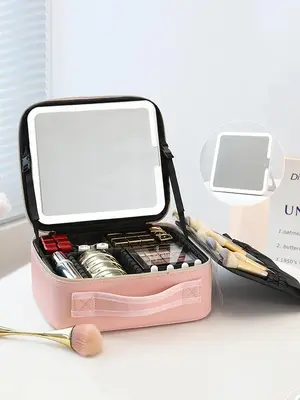 Portable Makeup Bag with 3-Color LED Detachable Mirror 2000mAh USB Rechargeable Waterproof PU Leather Organizer Compact Trave...
