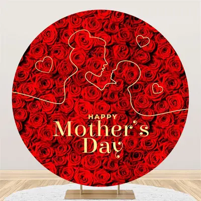Red Floral Line Draw Round Mothers Day Backdrop - Aperturee