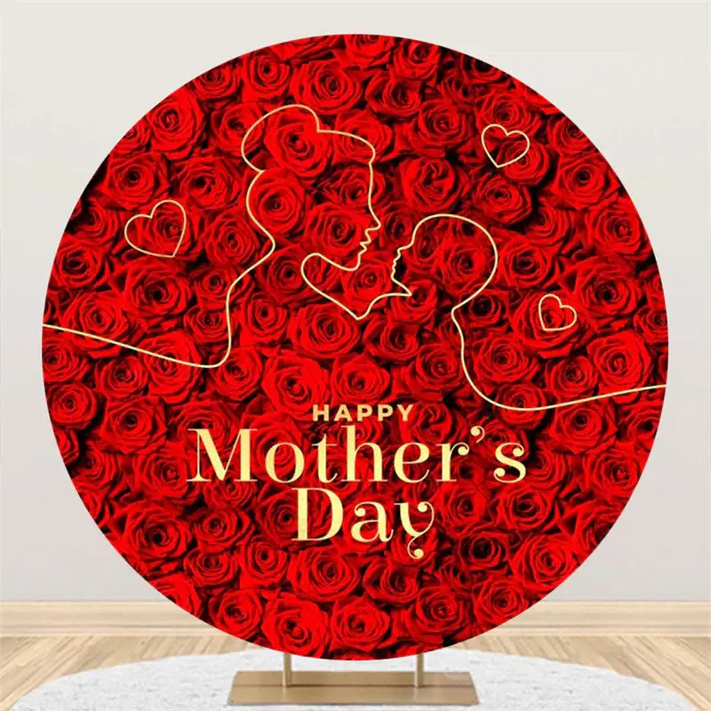 Red Floral Line Draw Round Mothers Day Backdrop - Aperturee