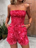 Women's Floral Print Frill Trim Shirred Tube Romper, Casual Soft Boho Fit Knot Detail Pocket Sleeveless Romper, Playsuits for...