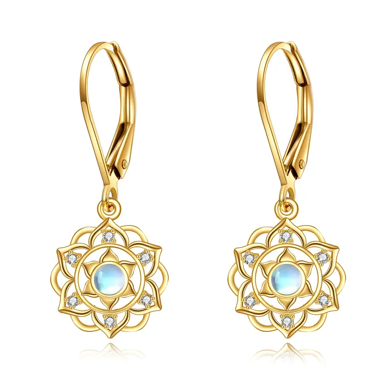 14K Yellow Gold Circular Moonstone Blue Lotus Lever-back Earrings