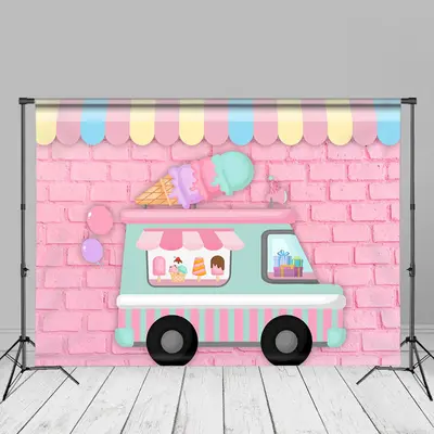 Ice Cream Car Pink Brick Wall Summer Photo Backdrop - Aperturee