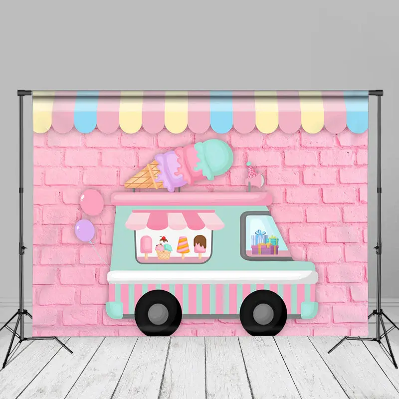 Ice Cream Car Pink Brick Wall Summer Photo Backdrop - Aperturee