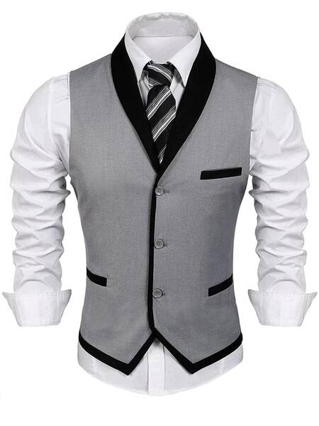 Buttons V-neck Suit Vest (US Only), Grey / XL