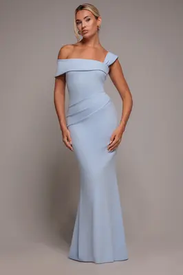 Goddiva Off The Shoulder Pleated Waist Maxi Dress - Blue
