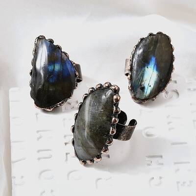 Natural Labradorite and Brass Cuff Rings