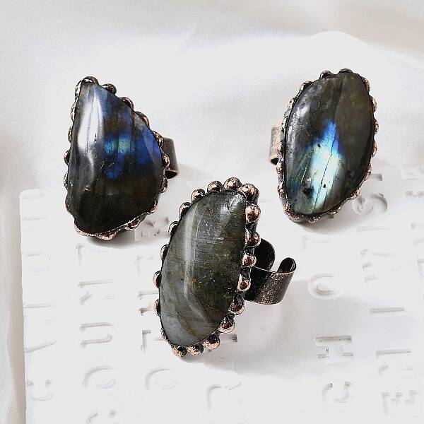 Natural Labradorite and Brass Cuff Rings