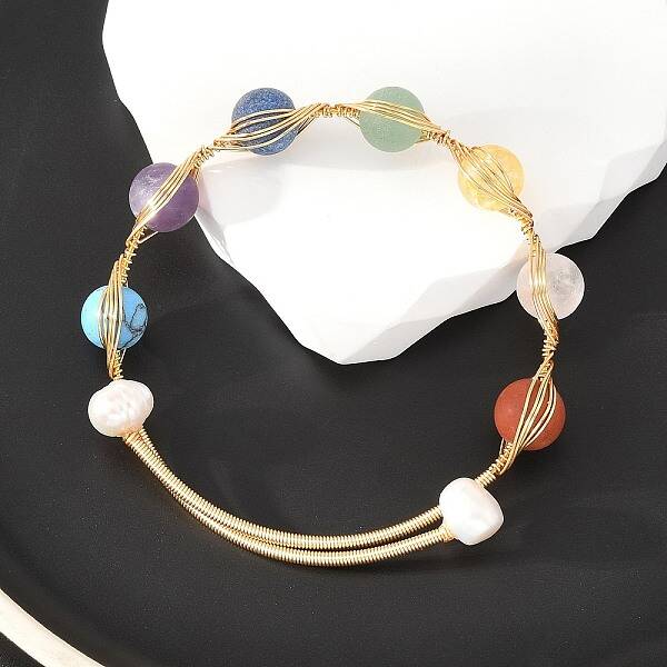 Round Mixed Gemstone Braided Bangle with Natural Pearl