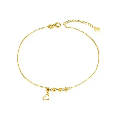 18K Gold Bead & Heart Single Layer Charm Anklet