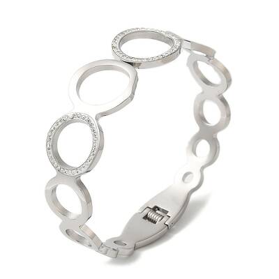 Stainless Steel Crystal Rhinestone Hollow Ring Hinged Bangles for Women