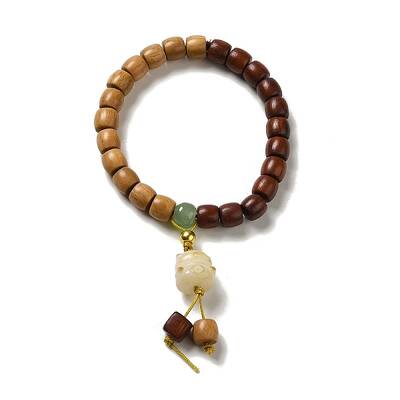 Two Tone Sandalwood Beaded Stretch Bracelet with Resin Cat Charm for Women