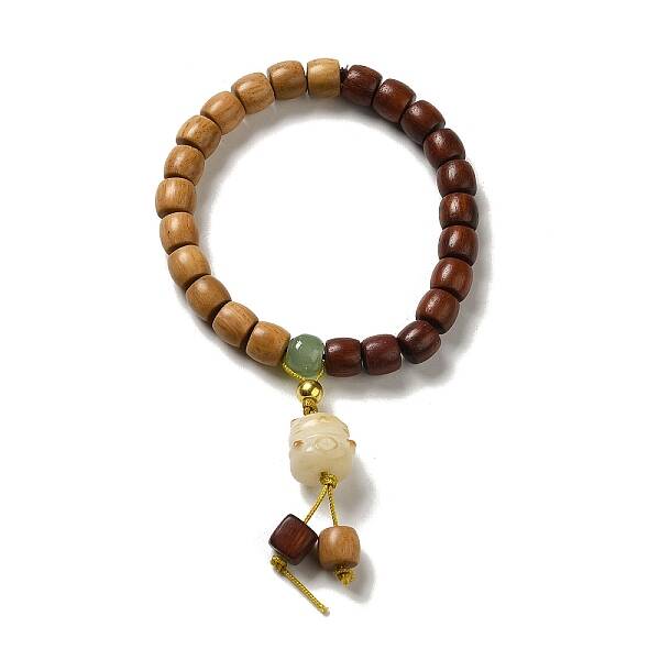 Two Tone Sandalwood Beaded Stretch Bracelet with Resin Cat Charm for Women