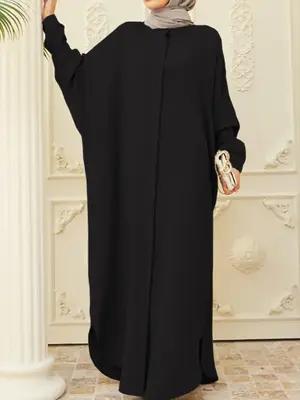 Arabic Clothing- Solid Button Split Hem Kaftan without Hijab, Casual Long Sleeve Round Neck Long Dress for Summer, Women's Is...