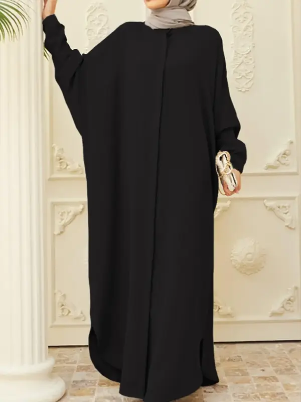 Arabic Clothing- Solid Button Split Hem Kaftan without Hijab, Casual Long Sleeve Round Neck Long Dress for Summer, Women's Is...
