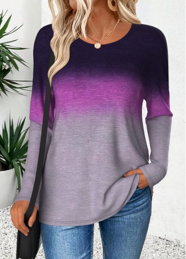 Modlily Purple Curved Hem Ombre Long Sleeve T Shirt - XL