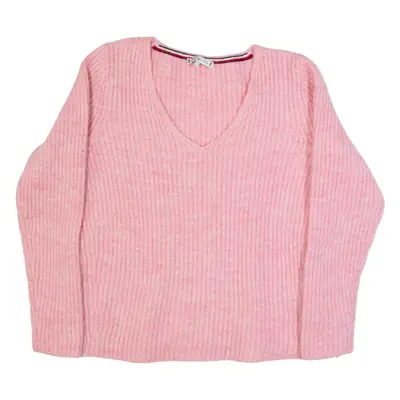 TOMMY HILFIGER Womens Jumper Pink V-Neck Tight Knit Wool L